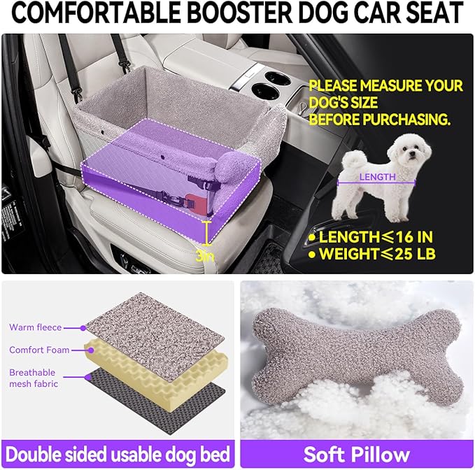Dog Car Seats for Small Medium Dogs,PU Leather Car Seat Boosters,Foldable Puppy Cat Carseats (Grey, Small Dog)