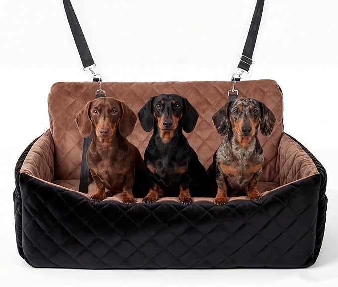 Dog Car Seat for Medium Large Dogs, Washable Pet Booster Bed with 2 Safety Leashes,4” Thick Plush Cushion for Backseat, Anti-Slip Base for SUV Sedan Truck Travel, Black+Dark Brown