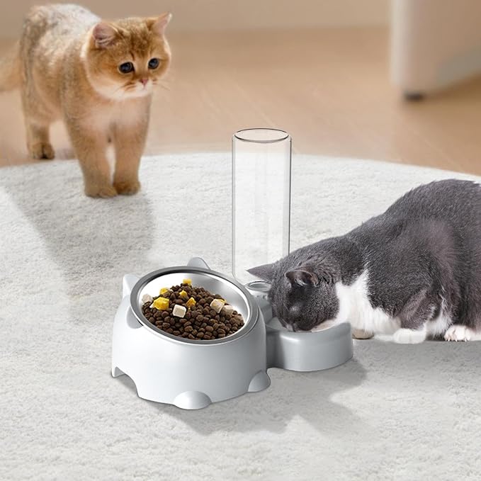 Cat Food and Water Bowl Set, Automatic Dog Dish Bowl with Water Dispenser, Removable Drinking and Eating Bowls, No-Spill Pet Feeder for Puppy, Medium Dogs & Cats (Grey)