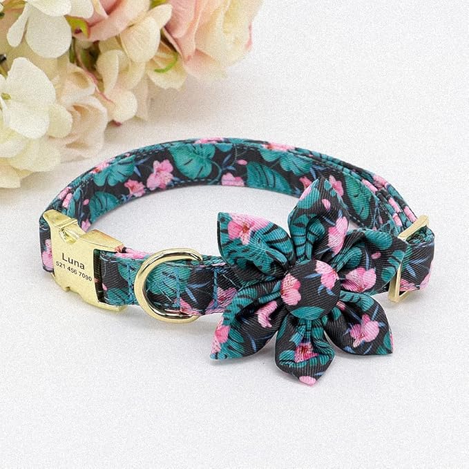 Flower Custom Dog Collar Printed Pet Nylon Dogs Collar Personalized Chihuahua Puppy Collars for Small Medium Large Dog Green L