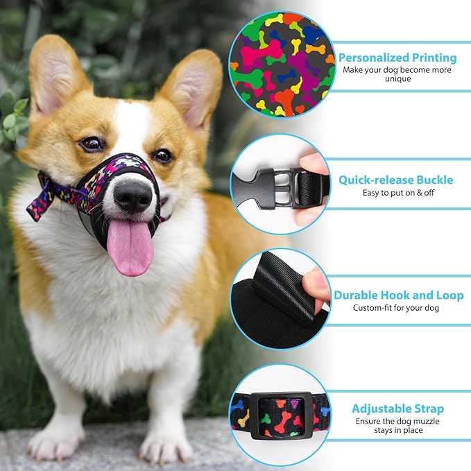 LUCKYPAW Dog Muzzle Anti Biting Barking and Chewing with Comfortable Mesh Soft Fabric and Adjustable Strap, Suitable for Small, Medium and Large Dogs(Black Bone,L)