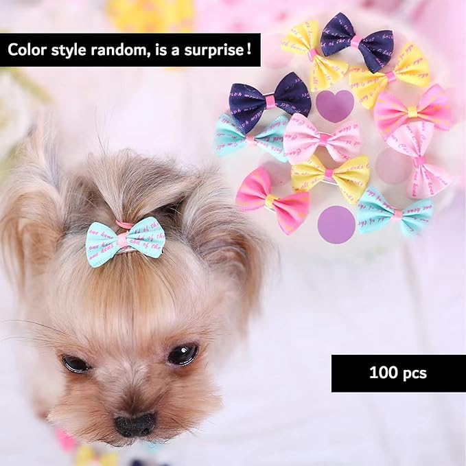 Dog Hair Bows, Random Mix Rubber Bands Metal Clips Styles Dog Bows with Rhinestone Pearls Flowers Topknot Mix Styles for Puppy Small Pets(Random 100 pcs)
