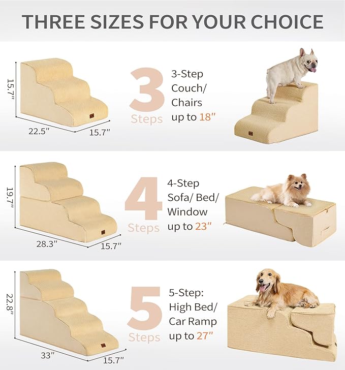 Made4Pets Dog Stairs Ramp for Bed 19.7" H, 4-Step Dog Steps for High Bed Couch Sofa Climbing, 35D Foam Pet Steps for Small Dogs and Cats, Non-Slip Bottom Pet Stairs, Tan