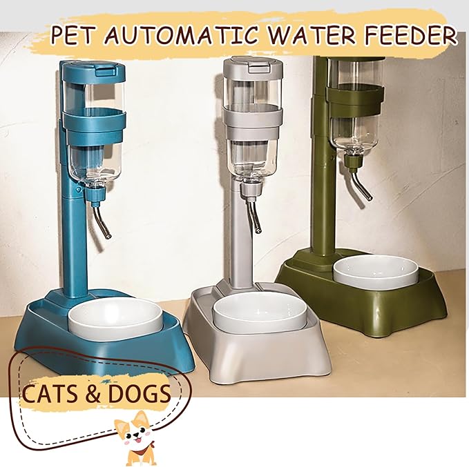 Pet Automatic Water Feeder, 770ml Adjustable Height Stainless Steel Pet Water Dispenser, Feeding Water and Feeding Dual-Purpose, Suitable for cat and Dog Families, Indoor &Outdoor (Olive Green)