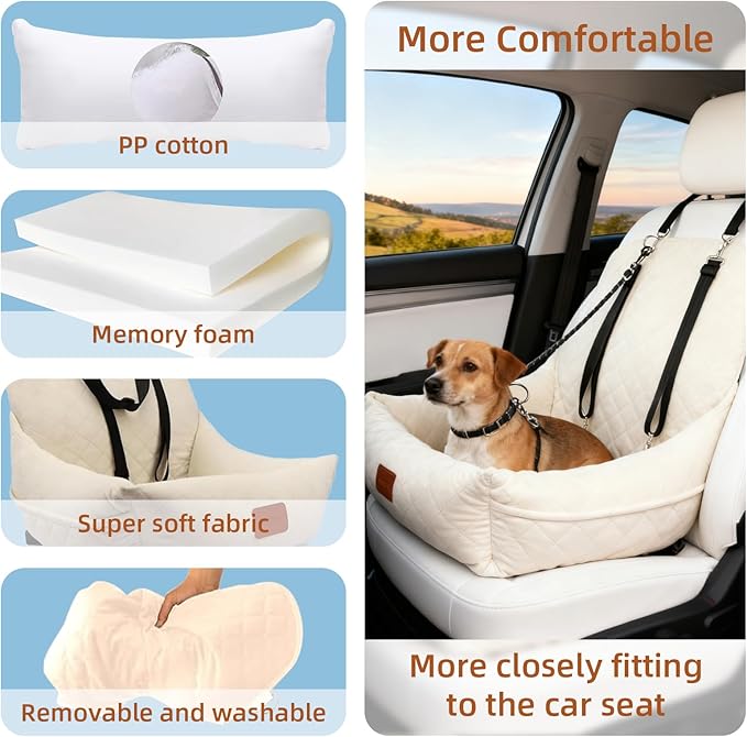 Dog Car Seat for Small Dogs, Fully Detachable and Washable Pet Booster Car Seats, Pet Travel Home Bed Ultra Soft Fabric, Adjustable Straps,Easy to Install, Beige