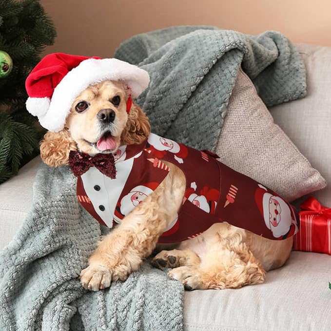 Kuoser Christmas Dog Tuxedo Dogs Suit and Bandana Set, Santa Claus Doggy Christmas Outfit Adjustable Pet Xmas Costume with Bow Tie for Large Medium Small Dogs Golden Retriever Samo Bulldogs, Red 2XL