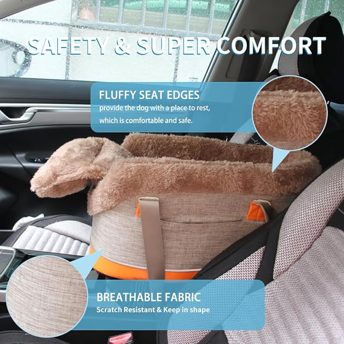 Pet Car Center Console Elevated Armrest Car Seat for Small Puppies, Dogs & Cats (Up to 10 lbs) – Khaki Washable Plush Carrier with Safety Leash, Fits Front Vehicle Console Space