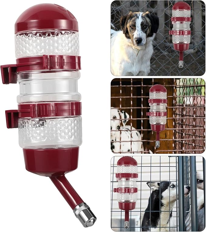 Kisangel Dog Water Bottle Dispenser Hanging Pet Feeder with Ball Valve Large Capacity Burgundy for Kennels Cats and Dogs Automatic Waterer for Crate Use