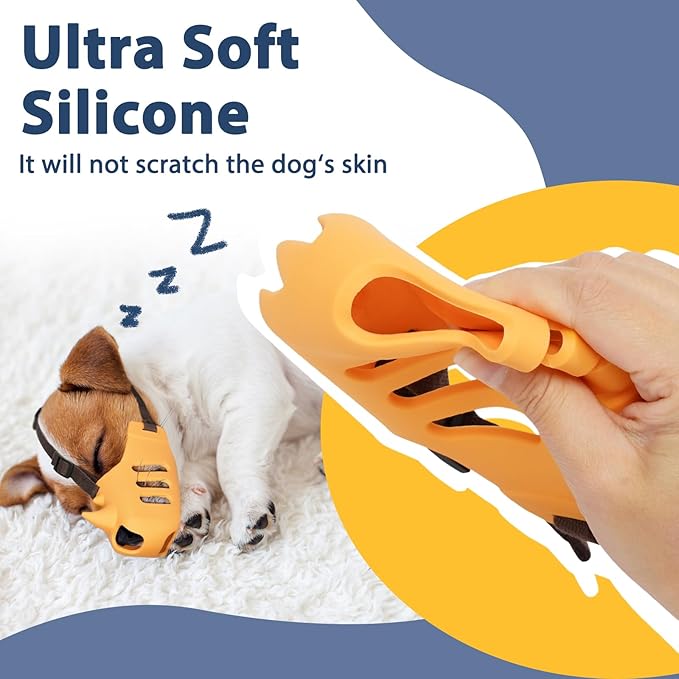 LUCKYPAW Dog Muzzle, Soft Muzzle for Small Medium Dogs Poodle Dachshund, Breathable Silicone Cage Mouth Cover to Prevent Biting and Chewing, Funny Rhino Muzzle with Adjustable Head Strap(Yellow, M)