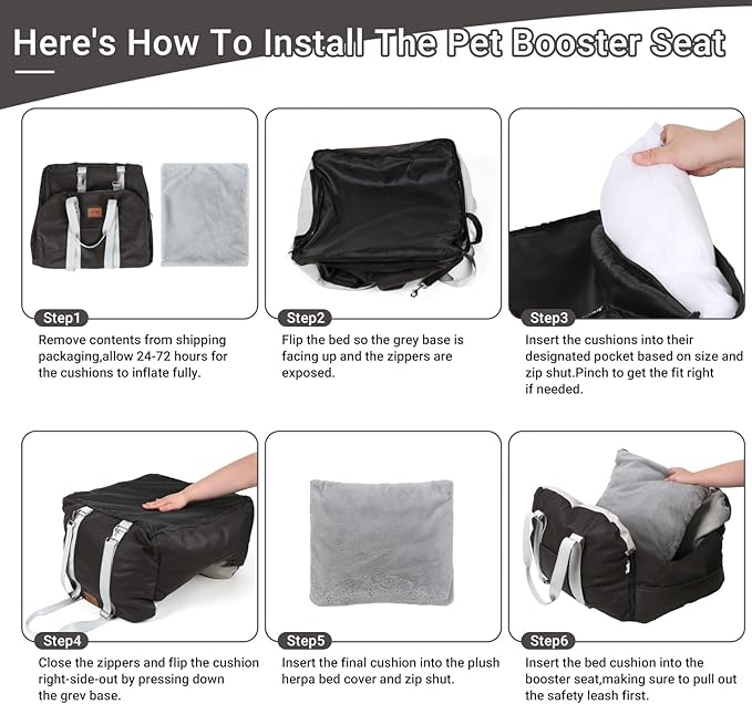 Leath-Aire Dog Car Seat, Scratch Resistant, Waterproof Booster Seat with Storage Pockets and Clip-On Safety Leash, Portable Dog Travel Carrier Bed up to 25lbs (Black/Grey)
