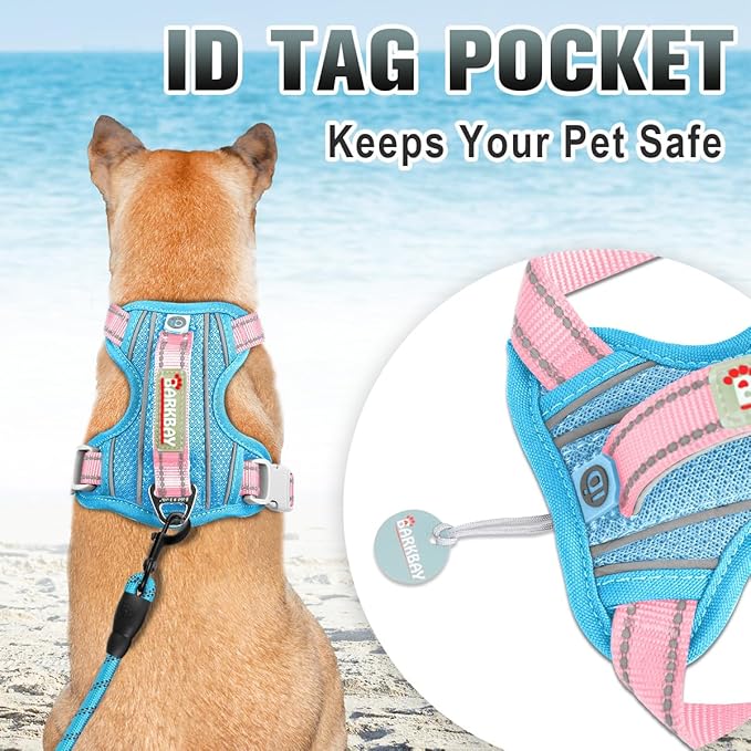 BARKBAY No Pull Dog Harness Large Reflective Dog Harness with Front Clip and Easy Control Handle for Walking Training Running with ID tag Pocket(Baby Blue & Baby Pink,S)