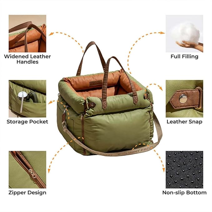  Dog Car Seat for Small Medium Dogs, Pet Car Seat Travel Bed with Storage Pockets and Dog Safety Belt, Easy to Install and Fully Removable (Green)