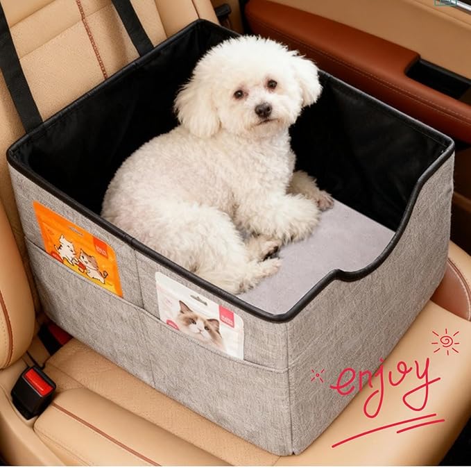 Portable Foldable Cat Dog Car Seat for Small Dogs Spacious Travel Bed with Clip-On Safety Leash Comfy Carseat with Storage Pockets Cat Puppy Car Travel Carrier Bed (Grey)