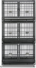 Homey Pet Three Tiers 43 inch Heavy Duty Dog Crate with Wheels, Stackable Indestructible Steel Dog Cage Kennel Indoor with Divider, Trays, Bowls, Escape Proof Locks for Breeder and More