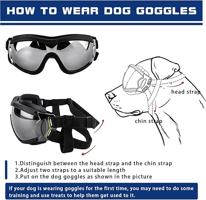 Dog Goggles UV400 Protection, Ski Goggles for Medium to Large Breeds with Adjustable Strap, Dog Sunglasses with Wide Snout & Soft PVC Frame - UV-Resistant/Snowproof for Ski,Cycling (Black)