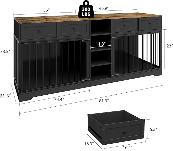 IDEALHOUSE 82" Large Dog Crate for 2 Dogs, Dog Kennel Indoor with 4 Drawers and Shelves, Double Dog Crate Furniture TV Stand, Wooden Dog Cage for Medium Large Dogs, Black