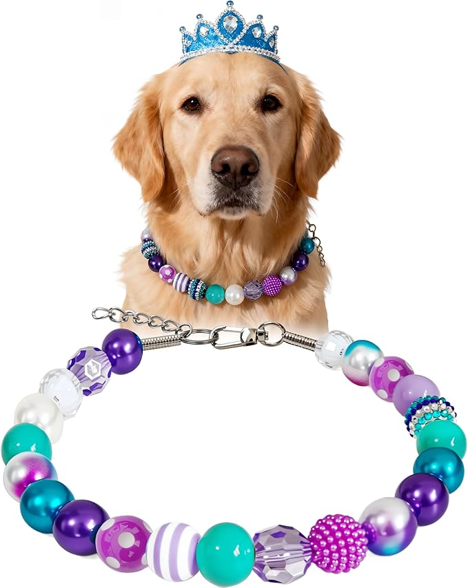 KUDES Bubblegum Dog Collar Necklace- Mermaid-Inspired 20mm Chunky Beads | Adjustable Rhinestone Pearl Collar for Medium & Large Dogs | Glamorous Party Daily Wear Accessory