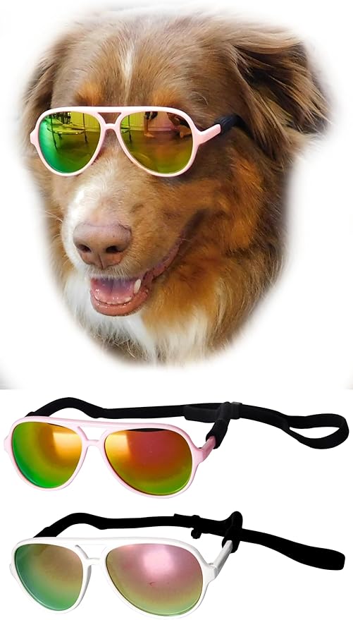 G010 Dog Pet Costume Prop Aviator Sunglasses Medium Breeds 20-40 lbs (2-Pack White-Pink Mirror + Pink-Pink Mirror)
