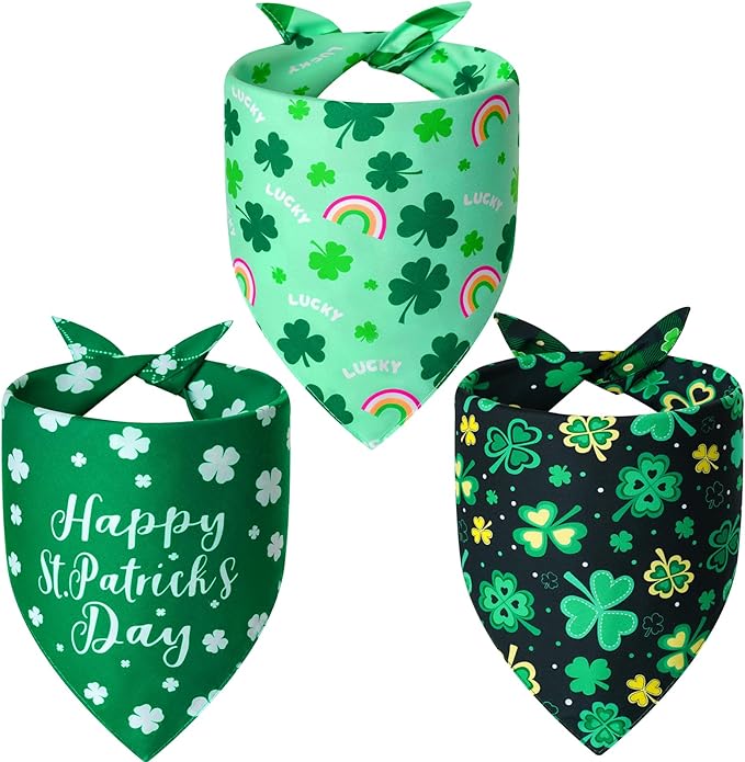 St. Patrick's Day Dog Bandanas Large 3PCS, 6 Pattern Green Scarf for Boy and Girl, Triangle Reversible Bibs Breed for Puppy Pets