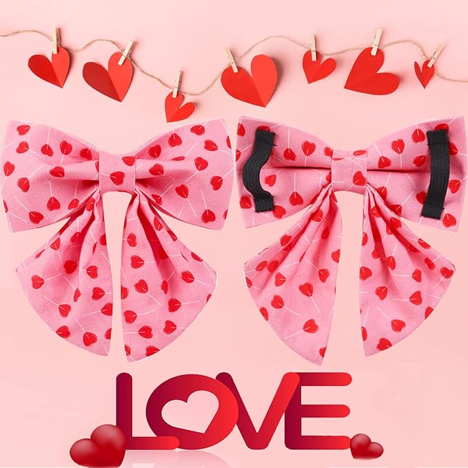 Valentine's Day Dog Collar with Bow Tie, Cotton with Metal Buckle, Red Heart, XS, Neck 8-12in