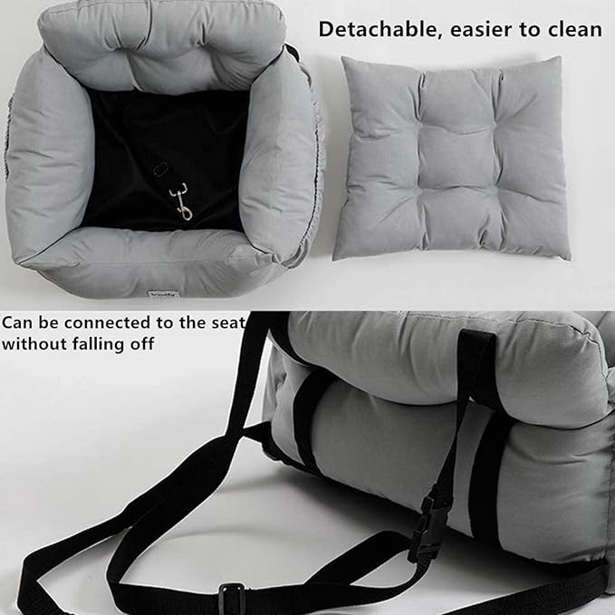 Dog Car Seat Puppy Booster Seat Travel Safety Carrier Bed with Storage Pocket Clip-On Safety Leash Non-Slip Base for Puppy, Small Pet with Removable Cushion, Easy to Clean