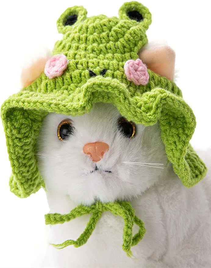 QWinee Cartoon Design Knit Cute Dog Cat Rabbit Hat Halloween Christmas Party Costume Head Wear Accessories for Puppy Cat Kitten Small Animals Green Pink
