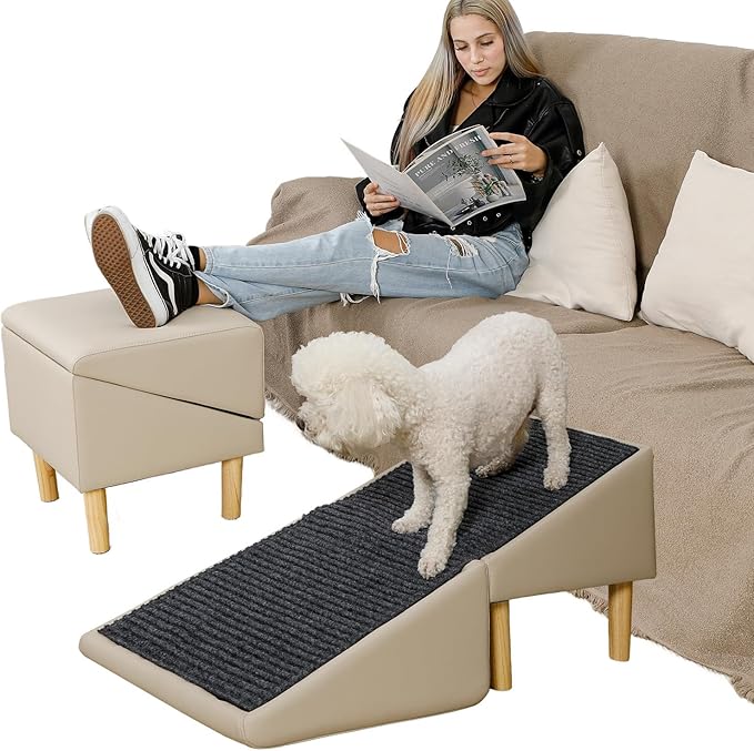 Dog Ramp, 2-in-1 Split Ottoman Gentle 23 Incline Dog Steps Built in Lightweight Folding Pet Ramp for Couch, 17.71”H Pet Chair, Pet Steps Specially for Older Dogs (Off-White)