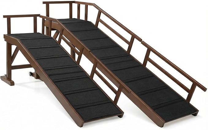 Dog Ramp for Bed or Couch, Wooden Pet Ramp with 20° Gentle Slope, Removable Side Rails, Non-Slip Surface, Top Platform & Wheels, Safe Bed Ramp for Small, Medium & Senior Dogs, 60" Long, Walnut