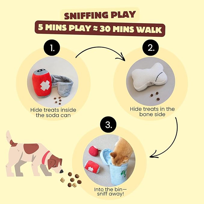 Dog Squeaky Toys, Plush Puzzle Dog Toy for Small Medium Large Dogs, Chew Fetch Brain Stimulating Toy, 3 Durable Small Dog Toys with a Big Trash Can