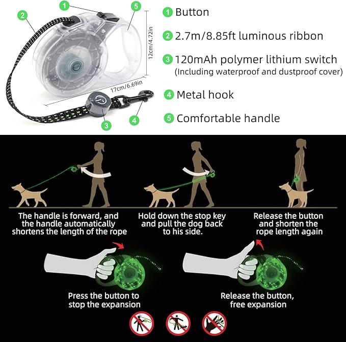 Luwint LED Dog Leash Retractable 8.8ft - Light Up Dog Leashes for Night Walking, USB Rechargeable Waterproof Lighted Leash with 3 Modes Green Light