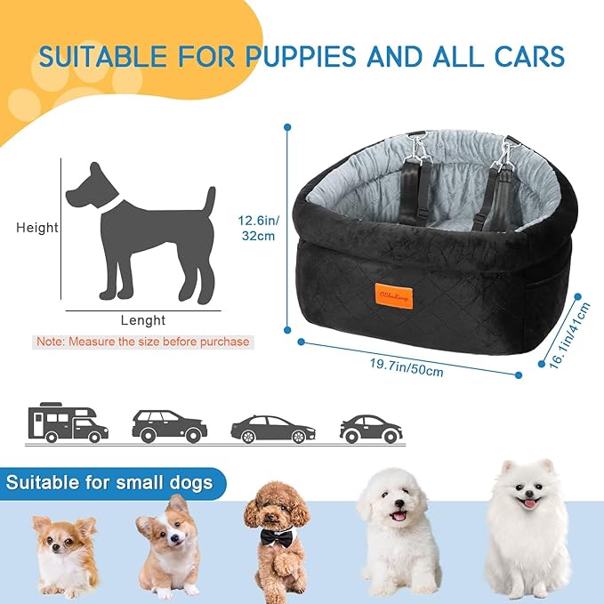 Cozy Dog Car Seat for Small Dogs Up to 30lbs, Elevated Memory Foam Booster Seat, Pet Travel Bed with Washable Removable Cover & Storage Pockets(Black&Gray)