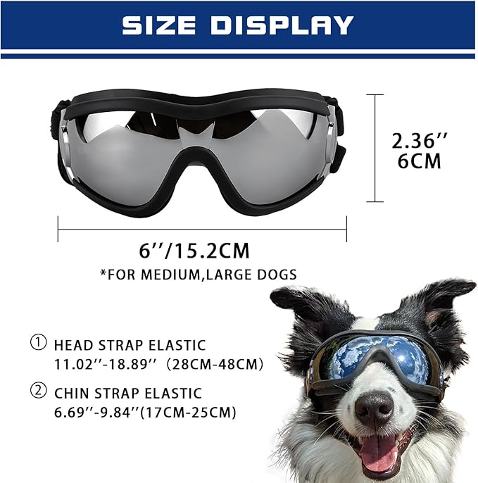 Dog Goggles UV400 Protection, Ski Goggles for Medium to Large Breeds with Adjustable Strap, Dog Sunglasses with Wide Snout & Soft PVC Frame - UV-Resistant/Snowproof for Ski,Cycling (Black)
