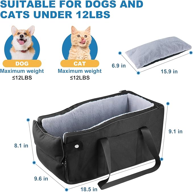 Center Console Dog Car Seat for Small Dogs Up to 12lbs, Portable Middle Console Dog Booster Car Seat with Adjustable Straps & Storage Pocket (Black)