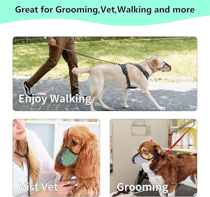 Dog Muzzle Anti & Prevent Biting Chewing Barking for Small Medium Large Dogs Soft Air Mesh Muzzles Reflective Ajustable Full Coverage Dog Mouth Guard Cover for Grooming Scavenging Green L-1