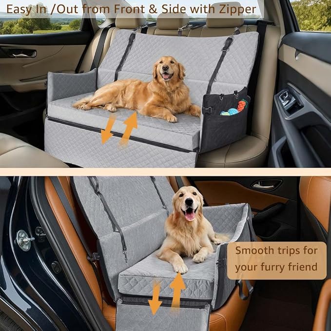 unipaws Dog Car Seat for Medium/Large Dogs up to 120lbs, Pet Booster Seat with 2 Safety Belts & Side Pockets, Easy Front/Side Entry, Detachable, Washable Pet Car Bed for Backseat (Black/Grey)