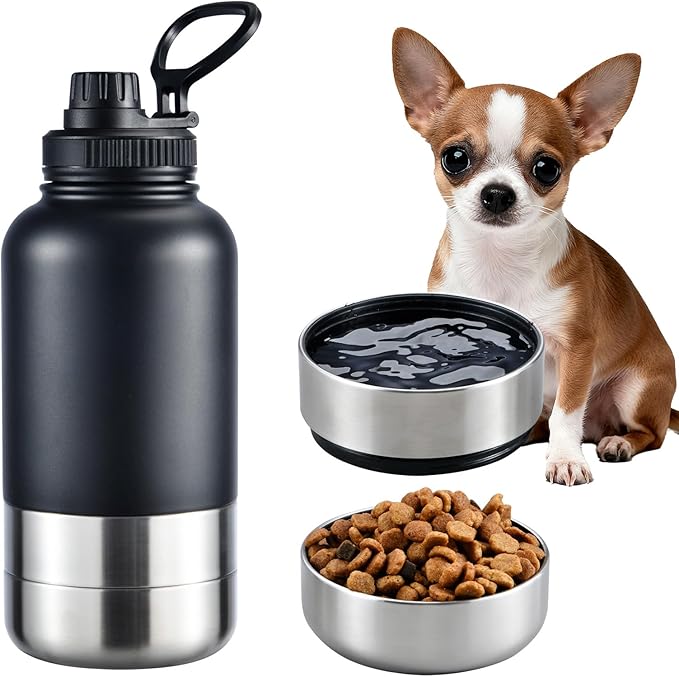 Insulated Dog Water Bottle with 2 Bowls, 32oz Travel Stainless Steel Double Wall Thermos, Portable Pet Dispenser, Gifts for Puppy Small Dogs Walking Hiking and Camping