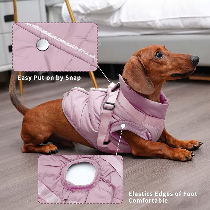 Dog Jacket with Harness,Fleece Lined Warm Puppy Coat for Winter,Soft Windproof Large Dog Vest,Light Pink XXL