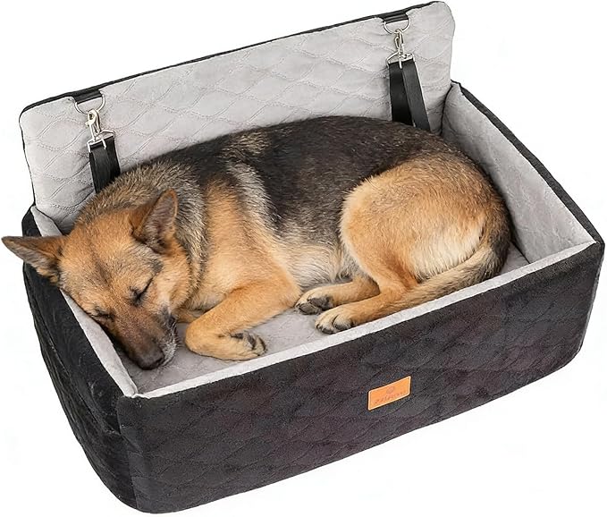 Dog Car Seat for Small/Medium Dog/Cat up to 60 lbs Memory Foam Pet Booster Seat with Detachable Washable Cover Travel-Safe Car Bed with Safety Belt/Storage Pockets Easy to Install