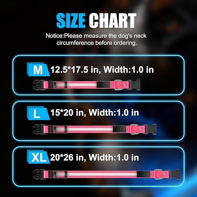 LED Dog Collar Rechargeable- Brightest Light Up Dog Collars - 1,600 Feet of High Visibility - Magnetic Charging - Glow in Dark Dog Lights for Night Walking, Pink XL