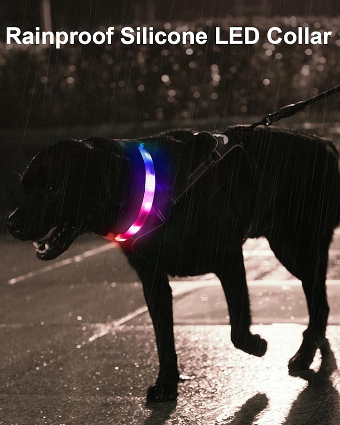Cool LED Dog Collar Rechargeable Light Up Dog Collar Rainproof 9 Flashing Modes, Glow Collars for Night Walking, Cuttable Soft Silicone Collar (L,Colorful)