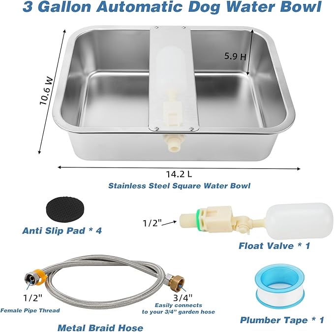 YUEPET 3 Gallon Auto Dog Water Bowl Dispenser Outside Automatic Water Dispenser for Large Dogs Stainless Steel Auto-Fill Dog Waterer Feeder with Float Valve for Pets Indoor Outdoor Use