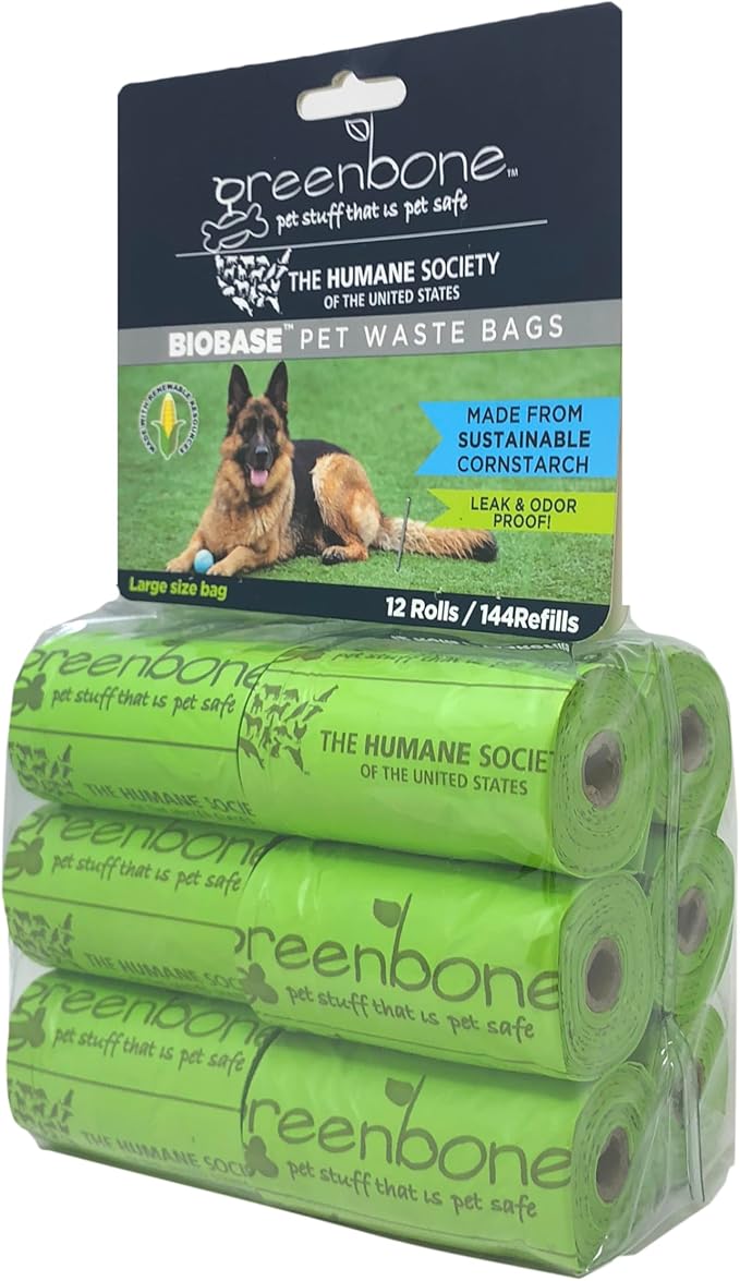 The Humane Society by Greenbone Biobase Pet Poop Bags - 12 Rolls - 144 Refills - Leak Proof 13 inch x 9 inch