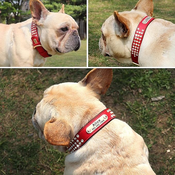 Rhinestone Custom Dog Collars Leather Personalized Crystal Pet Collar Padded Collars Adjustable for Small Medium Large Dogs Red XL