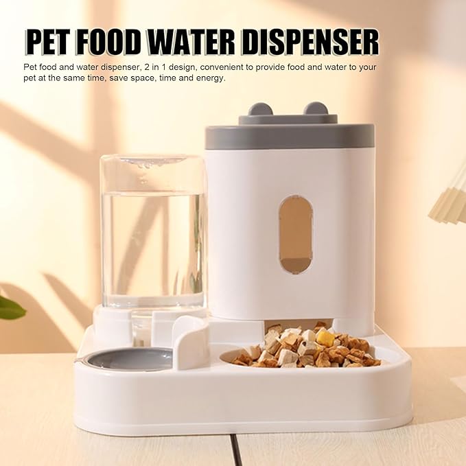 Pet Food Water Dispenser, 2 in 1 Large Capacity Detachable Automatic Cat Waterer Feeder, Gravity Cat Feeder and Water Dispenser Dog Feeder Waterer for Dog Puppy(Grey)