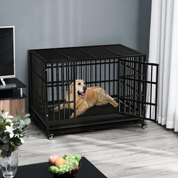 LEMBERI 48/42/38 Inch Heavy Duty Indestructible Dog Crate, Escape Proof Double Door Dog Kennel with Lockable Wheels, High Anxiety Extra Large Dog Cage Indoor Use, with Removable Tray