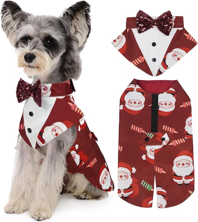 Kuoser Christmas Dog Tuxedo Dogs Suit and Bandana Set, Santa Claus Doggy Christmas Outfit Adjustable Pet Xmas Costume with Bow Tie for Large Medium Small Dogs Golden Retriever Samo Bulldogs, Red S