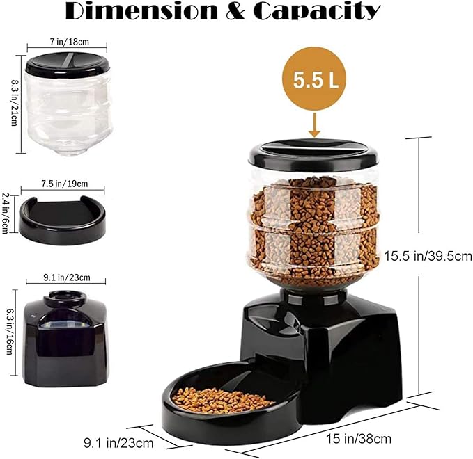 Pet Feeder for Cats and Dogs - Automatic Dry Food Dispenser 5.5L Capacity Pet Bowl,Portion Control,Voice Recorder,Programmable Timer for Up to 3 Meals Per Day