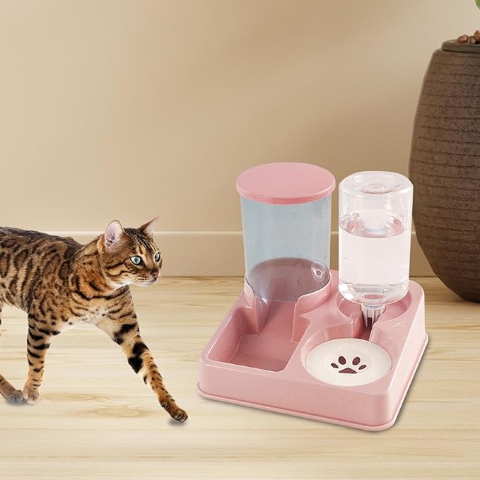 Pet Feeder and Water Dispenser Automatic Bowl for Cats Dogs 1L Water 0.75kg Food Capacity Self-Feeding Station Elevated Design- Pink