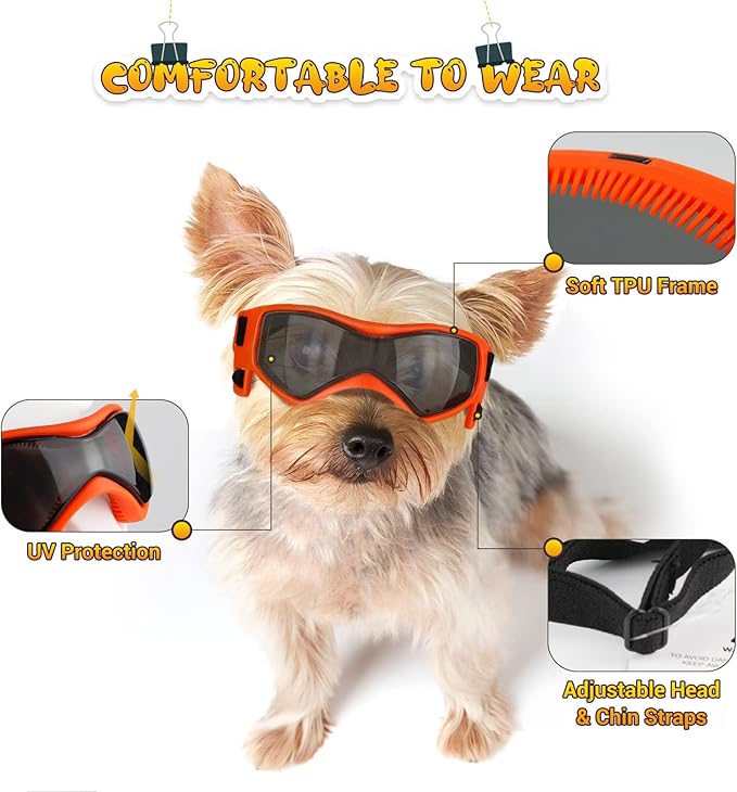 PETLESO Dog Goggles for Small to Medium Breed, Anti-UV Dog Sunglasses Outdoor Riding Driving Hiking, Pet Glasses Windproof Anti-Fog Dustproof Snowproof, Adjustable Straps, Medium Orange