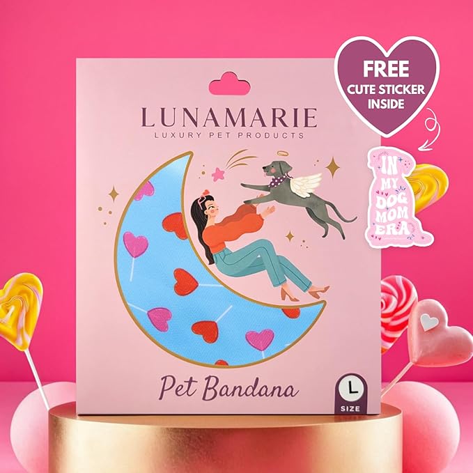 LunaMarie - Luxury Pet Birthday Bandanas -Premium & Silky Poly Fabric | 100% Handmade | Custom Shape Dual Layered (LoviePop, Medium)